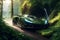 A powerful, photorealistic supercar speeding through a lush mountain forest generated by Ai