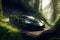 A powerful, photorealistic supercar speeding through a lush mountain forest generated by Ai