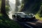 A powerful, photorealistic supercar speeding through a lush mountain forest generated by Ai