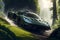 A powerful, photorealistic supercar speeding through a lush mountain forest generated by Ai