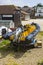 A powerful racing rib on its trailer at the harbour in Warsash in the south of England ready to be launched