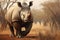 A powerful rhinoceros stands confidently amidst a barren backdrop of a dirt road., Rhino in its natural habitat, AI Generated, AI