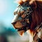 powerful robot lion portrait. Futuristic cyborg animal, predator or hunter. Big cat with metal, high technology machine