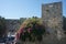 Powerful stone wall surrounding the medieval walled city of Rhodes, Greece