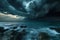 A powerful storm looms over the ocean, as dark clouds gather and waves crash against rocks in the foreground, Calm before the