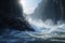Powerful tidal waves crashing against towering cli