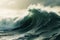 A powerful and towering wave breaks in the middle of the expansive ocean, creating a mesmerizing spectacle of natures raw energy,