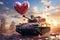 Powerful war tank surrounded by a sea of love hearts