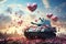 Powerful war tank surrounded by a sea of love hearts
