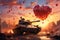 Powerful war tank surrounded by a sea of love hearts