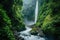 A powerful waterfall cascades amidst the vibrant green trees in a lush forest landscape, A river flowing into a waterfall in a