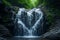 A powerful waterfall cascades down a rocky cliff, surrounded by lush green trees in the middle of a dense forest, A heart made of