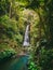 Powerful waterfall and river with blue waver in tropical jungle in Bali. Beautiful place for tourism