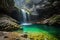 A powerful waterfall rushes down among the vibrant green waters of a river, Waterfall cascading into a vibrant emerald pool, AI