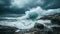 Powerful wave crashes against rocky shore under stormy skies, nature\\\'s fierce display, Ai Generated