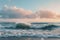 A powerful wave crashes onto the sandy beach while the sun sets in the background, A panoramic view of a peaceful ocean with