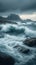 Powerful waves crash against the rugged coastline during a serene dusk