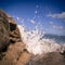 Powerful waves crushing on the rocky beach. Llandudno Welsh.