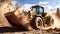 Powerful wheel loader or bulldozer isolated on sky background. Loader pours crushed stone or gravel from the bucket.