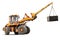 Powerful wheeled front loader for transportation of bulky goods on a white isolated background. Transportation of concrete