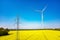 Powerlines and windmill on colza field