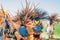 Powwow.  Native Americans dressed in full regalia. Details of regalia close up.  Chumash Day Powwow