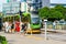 Poznan, Poland - August 09, 2021. Green tramway in station heading to Staroleka Mala