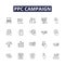 Ppc campaign line vector icons and signs. Campaign, Advertising, Keywords, Bidding, Cost-Per-Click, CTR, CPA, CPM