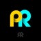 PR logo. Public relations emblem. Monogram consist of yellow and azure ribbons.