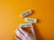 Practice positive self-talk symbol. Concept words Practice positive self-talk on wooden blocks. Businessman hand. Beautiful orange