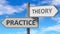 Practice and theory as a choice - pictured as words Practice, theory on road signs to show that when a person makes decision he