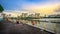 Practicing Yoga at Stadium Riverside Walk of Singapore Sports Hub. It is a sports and recreation district in Kallang, Singapore.