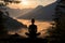 practicing yoga at sunrise in serene backyard with misty mountains in the background