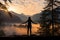 practicing yoga at sunrise in serene backyard with misty mountains in the background