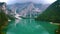 Prager Wildsee, Spectacular romantic place with typical wooden boats on the alpine lake, Lago di Braies, Braies lake