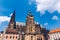 Prague, bell gothic towers and St. Vitus Cathedral. St. Vitus is a Roman Catholic cathedral in Prague, Czech Republic. Panoramic