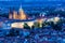 Prague, blue hour view of Prague Castle and Saint Vtus cathedral in Czech Republic