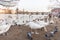 PRAGUE, CZECH - MARCH 14, 2016: People Are Feeding Swan and Dove on Vltana River Coast in Prague, Czech. Charles Karlov Bridge in