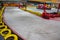 Prague, Czech Republic - 02.02.2020: Indoor go-kart track, empty without cars and ready to start karting, Prague, Czech