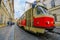 Prague, Czech Republic - 13 August, 2015: Closeup public transportation tram making its way through charming city