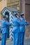 Prague, Czech Republic - 13 August, 2015: Palace guards on duty wearing their distinctive blue uniforms, white striped