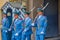 Prague, Czech Republic - 13 August, 2015: Palace guards on duty wearing their distinctive blue uniforms, white striped