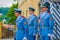 Prague, Czech Republic - 13 August, 2015: Palace guards on duty wearing their distinctive blue uniforms, white striped