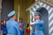 Prague, Czech Republic - 13 August, 2015: Palace guards on duty wearing their distinctive blue uniforms, white striped