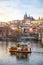 Prague, Czech Republic - 16.12.2019: Prague Castle over river Vltava at sunset light in desember day in Prague, Czech Republic