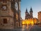 PRAGUE, CZECH REPUBLIC, 2018: The Orloj on the Old Town hall, Staromestske square and Our Lady before TÃ½n church at dusk