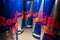 PRAGUE, CZECH REPUBLIC - April 16th, 2019: wide angle view of aluminum Red Bull energy drink can on dark background. Redbull drink