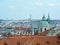 Prague, Czech republic - april 2019: Ancient town from a bird`s perspective. Television tower, top of Charles bridge