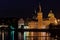 Prague, Czech Republic. Charles Bridge and Hradcany with St. Vitus Cathedral and St. George church evening dusk, Bohemia