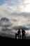 Prague, Czech Republic, January 2015. Silhouettes of stone sculptures of players against the backdrop of a magnificent winter suns